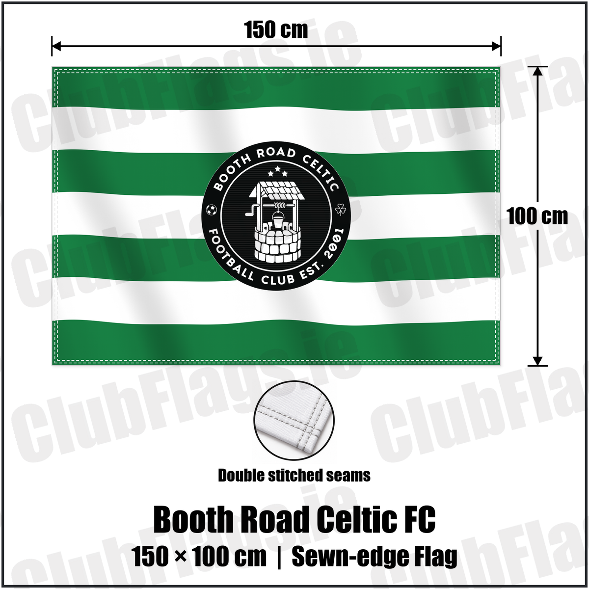 Booth Road Celtic FC 100cm x 150cm Flag (sewn on the edges) with the club crest and colours, Dublin Football - ClubFlags.ie