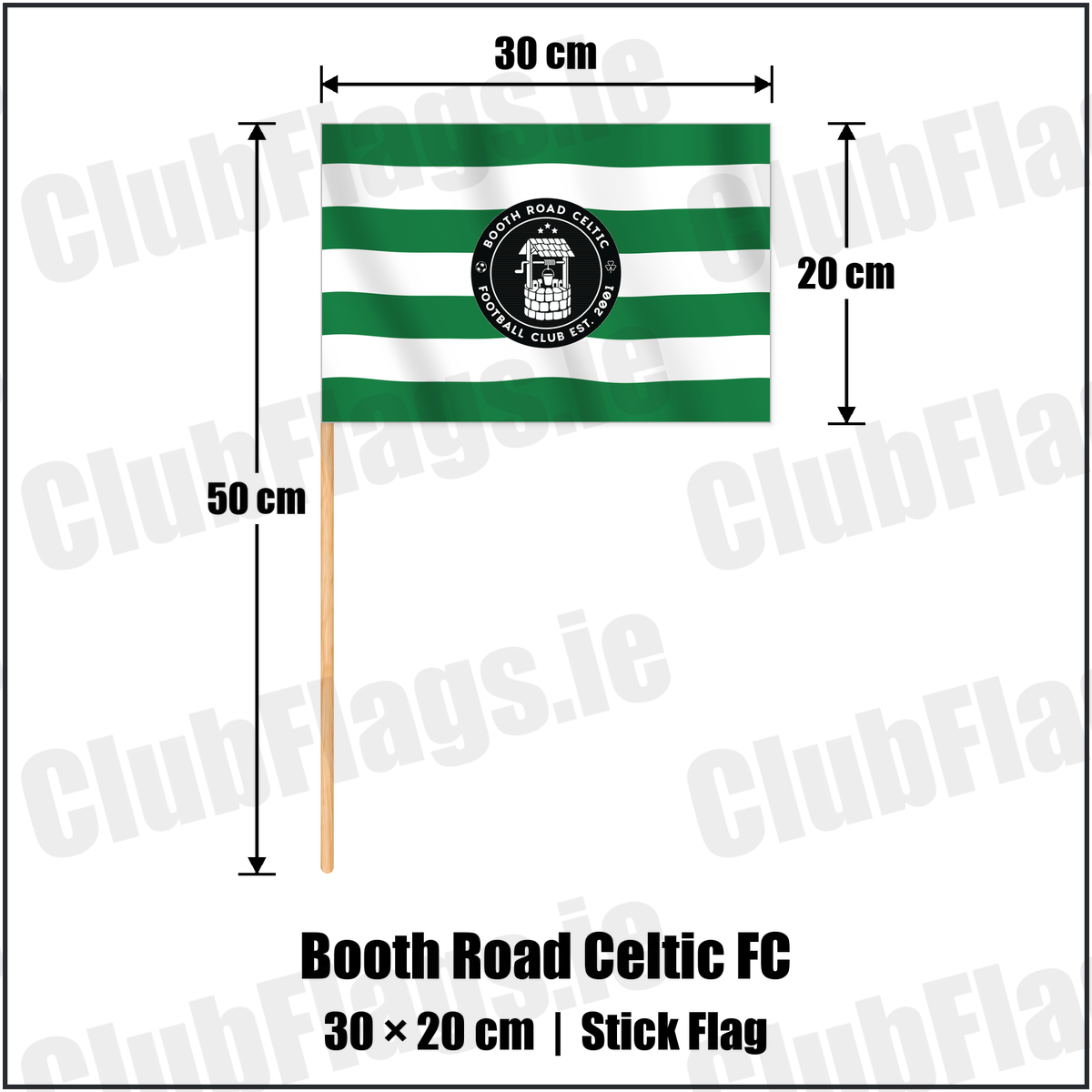 Booth Road Celtic FC 20cm x 30cm Stick Flag with the club crest and colours, Dublin Football - ClubFlags.ie