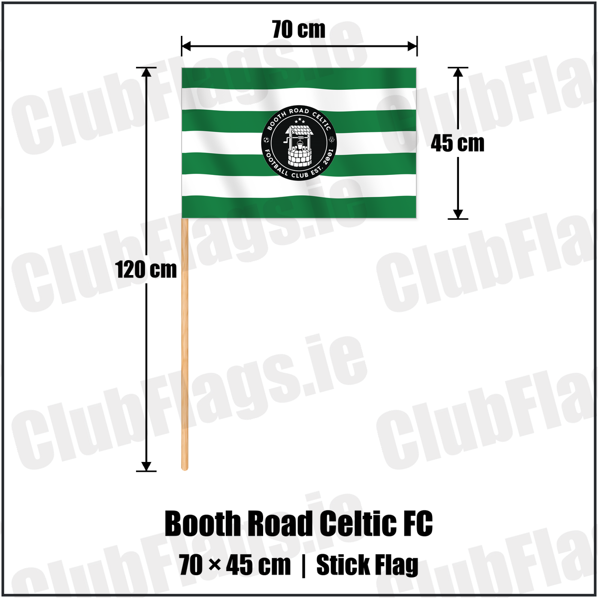 Booth Road Celtic FC 45cm x 70cm Stick Flag with the club crest and colours, Dublin Football - ClubFlags.ie