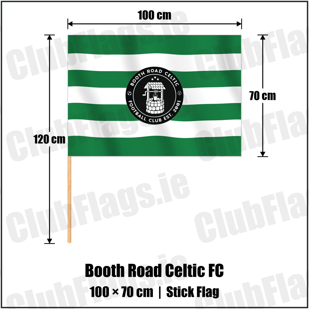 Booth Road Celtic FC 70cm x 100cm Stick Flag with the club crest and colours, Dublin Football - ClubFlags.ie