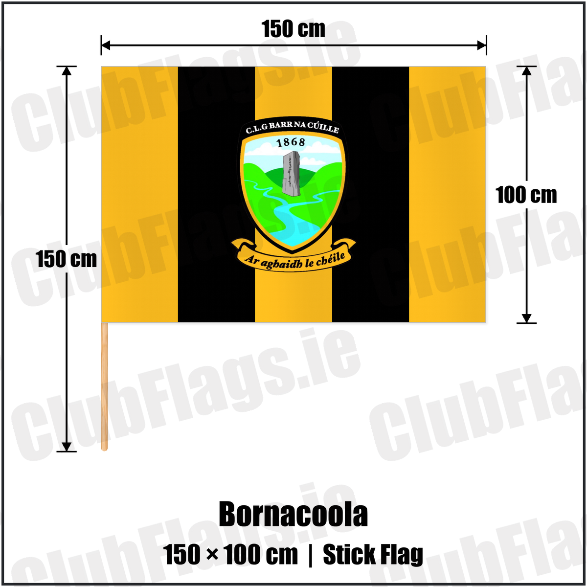 Bornacoola 100cm x 150cm Stick Flag with the club crest and colours, Leitrim GAA - ClubFlags.ie