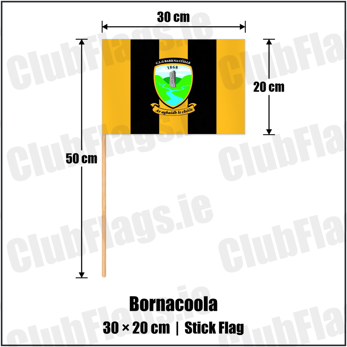 Bornacoola 20cm x 30cm Stick Flag with the club crest and colours, Leitrim GAA - ClubFlags.ie