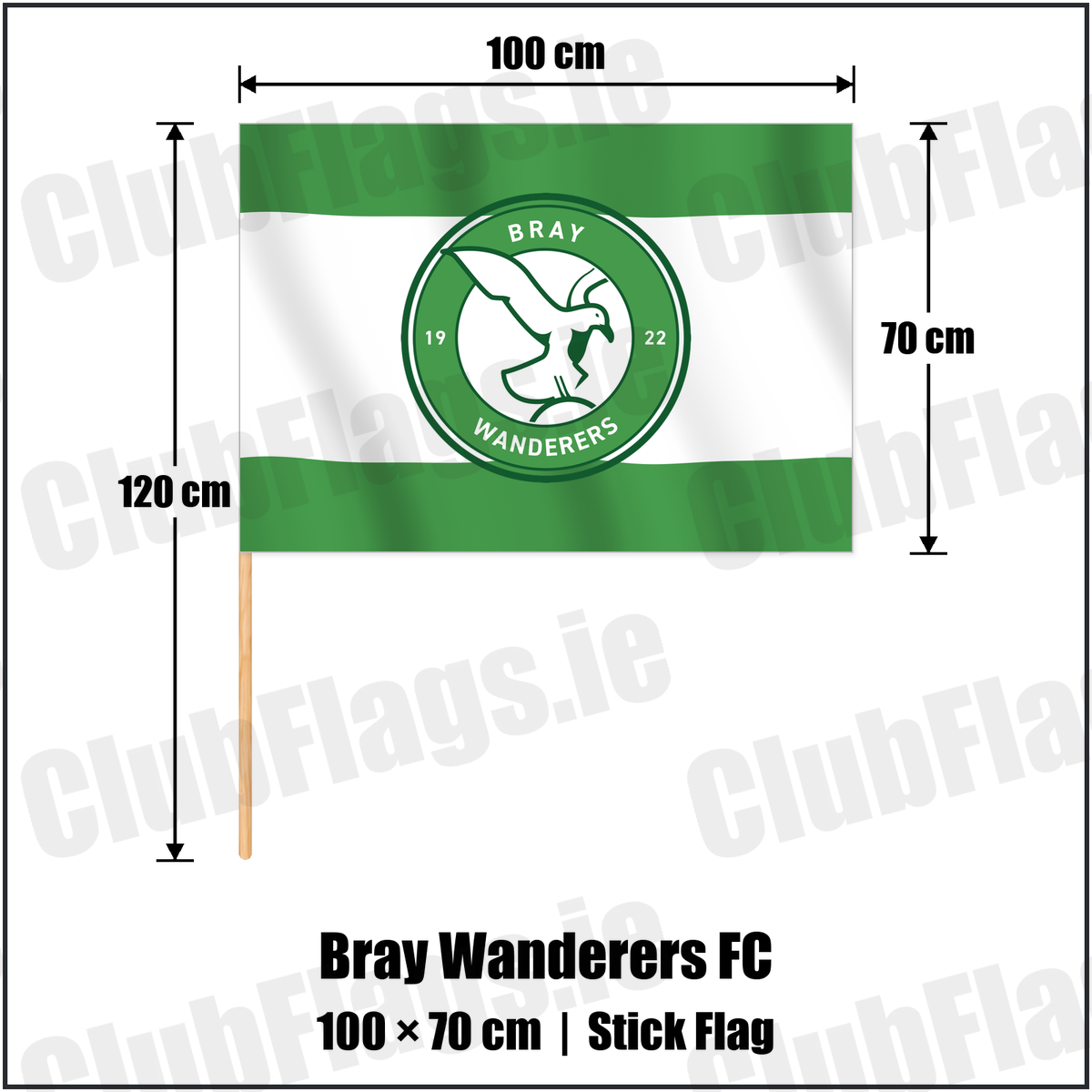 Bray Wanderers FC 70cm x 100cm Stick Flag with the club crest and colours, Wicklow Football - ClubFlags.ie