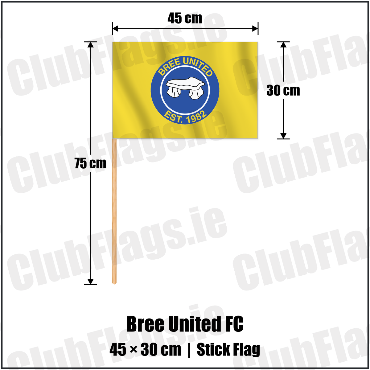 Bree United FC 30cm x 45cm Stick Flag with the club crest and colours, Wexford Football - ClubFlags.ie