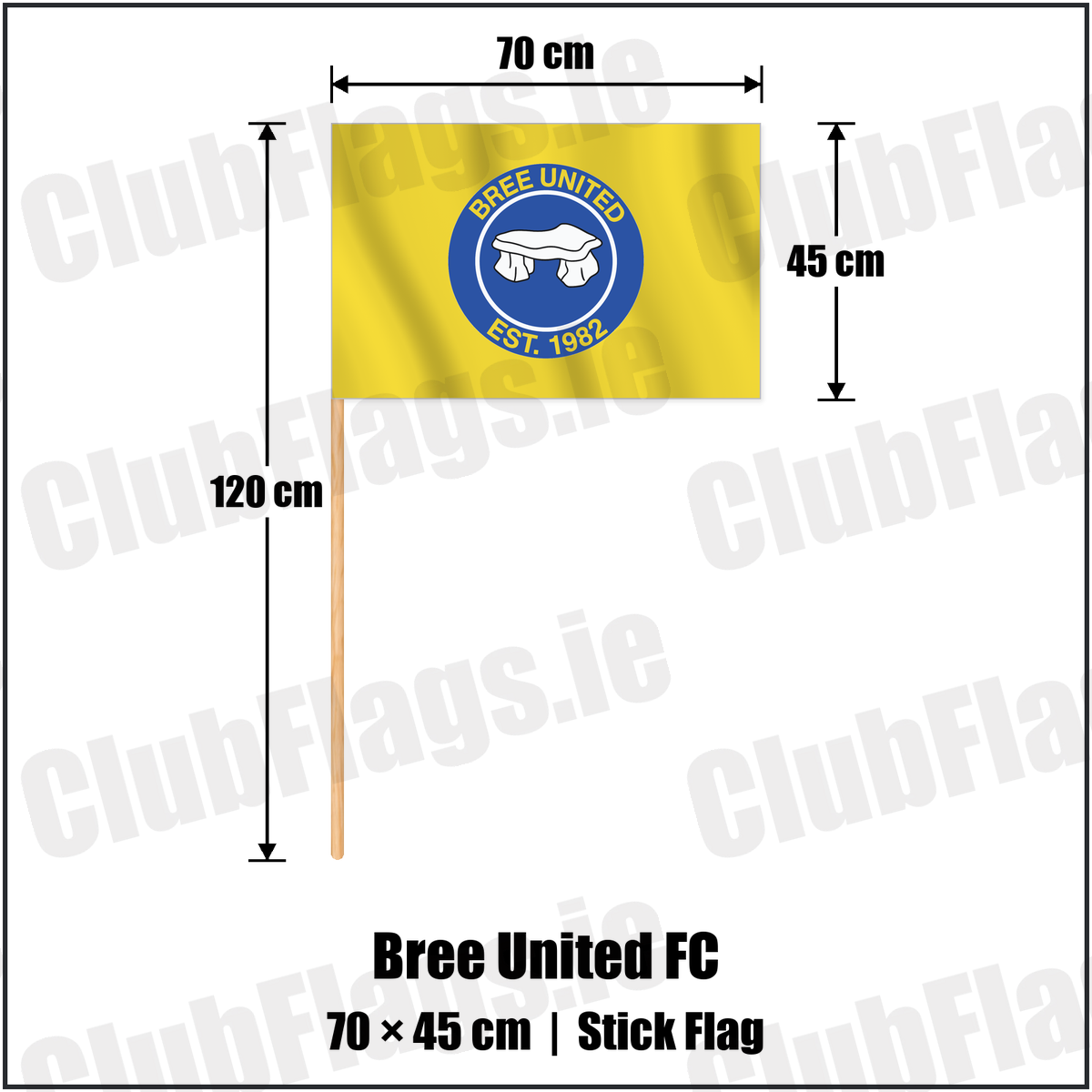 Bree United FC 45cm x 70cm Stick Flag with the club crest and colours, Wexford Football - ClubFlags.ie