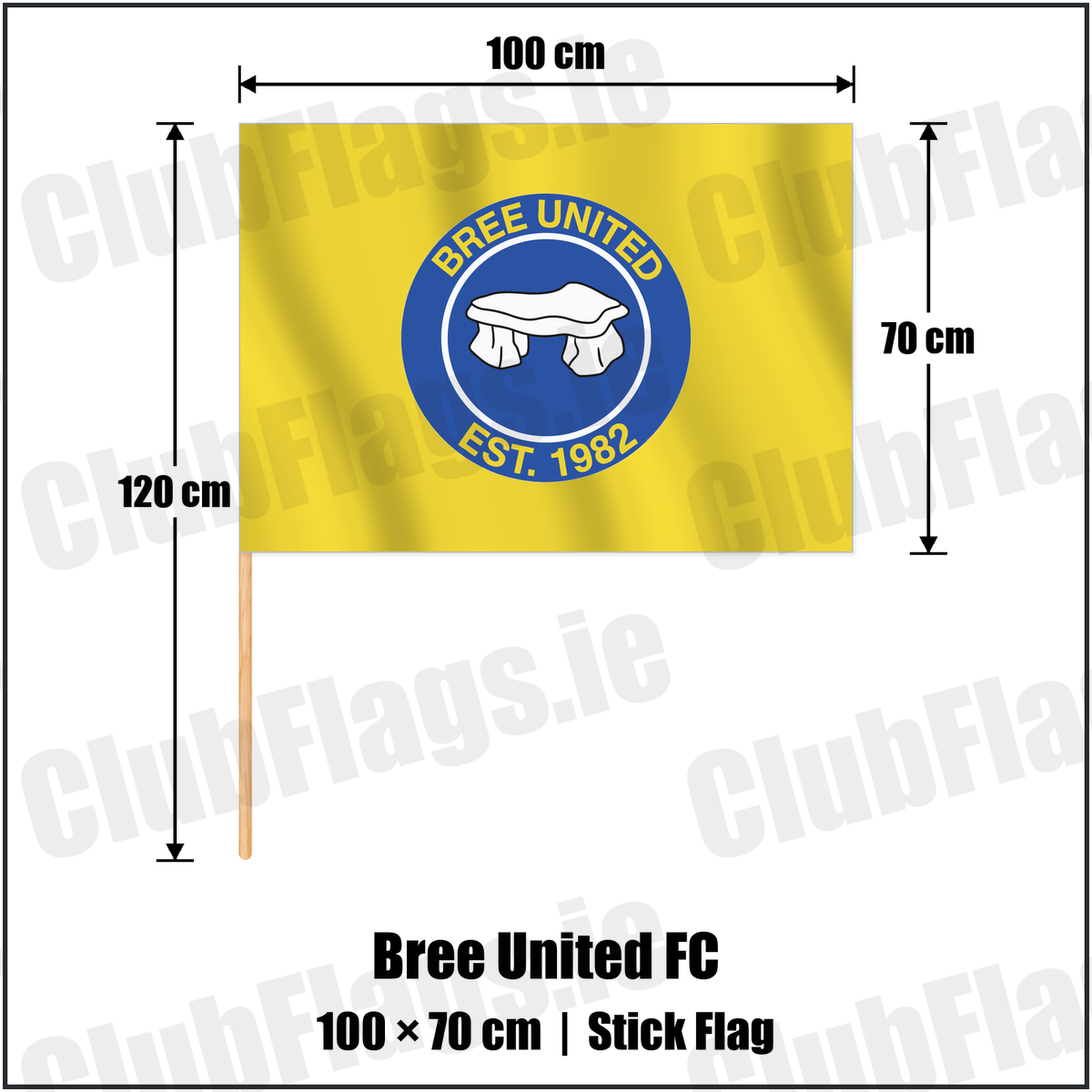 Bree United FC 70cm x 100cm Stick Flag with the club crest and colours, Wexford Football - ClubFlags.ie