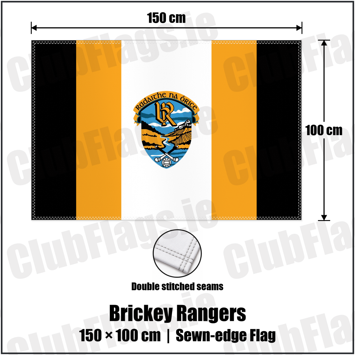 Brickey Rangers 100cm x 150cm Flag (sewn on the edges) with the club crest and colours, Waterford GAA - ClubFlags.ie