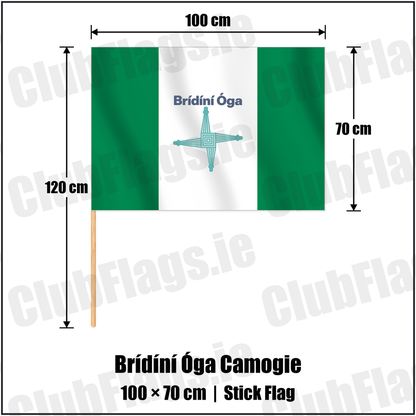 Brídíní Óga Camogie 70cm x 100cm Stick Flag with the club crest and colours, Antrim GAA - ClubFlags.ie