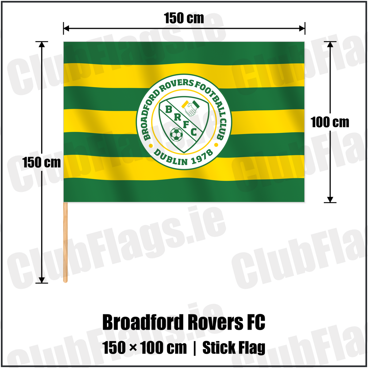 Broadford Rovers FC 100cm x 150cm Stick Flag with the club crest and colours, Dublin Football - ClubFlags.ie