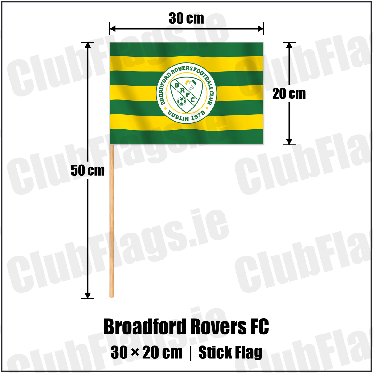 Broadford Rovers FC 20cm x 30cm Stick Flag with the club crest and colours, Dublin Football - ClubFlags.ie