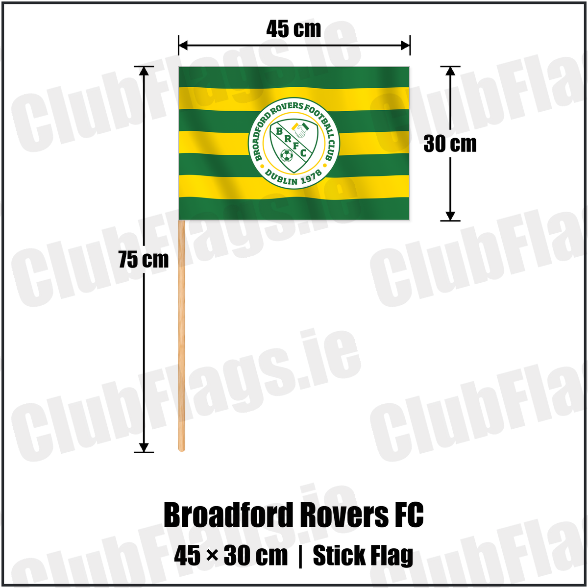 Broadford Rovers FC 30cm x 45cm Stick Flag with the club crest and colours, Dublin Football - ClubFlags.ie