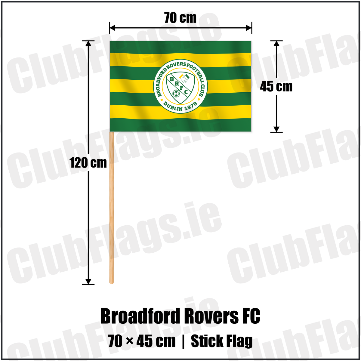 Broadford Rovers FC 45cm x 70cm Stick Flag with the club crest and colours, Dublin Football - ClubFlags.ie