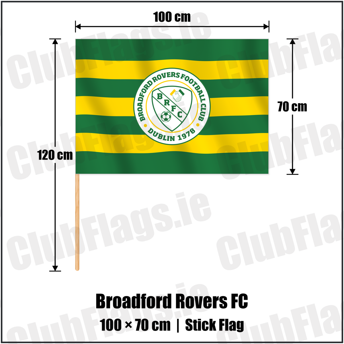 Broadford Rovers FC 70cm x 100cm Stick Flag with the club crest and colours, Dublin Football - ClubFlags.ie
