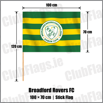Broadford Rovers FC 70cm x 100cm Stick Flag with the club crest and colours, Dublin Football - ClubFlags.ie
