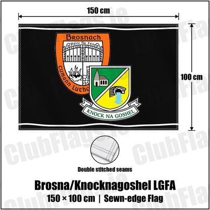 Brosna/Knocknagoshel LGFA 100cm x 150cm Flag (sewn on the edges) with the club crest and colours, Kerry GAA - ClubFlags.ie