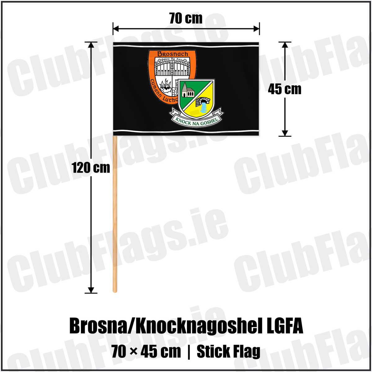 Brosna/Knocknagoshel LGFA 45cm x 70cm Stick Flag with the club crest and colours, Kerry GAA - ClubFlags.ie