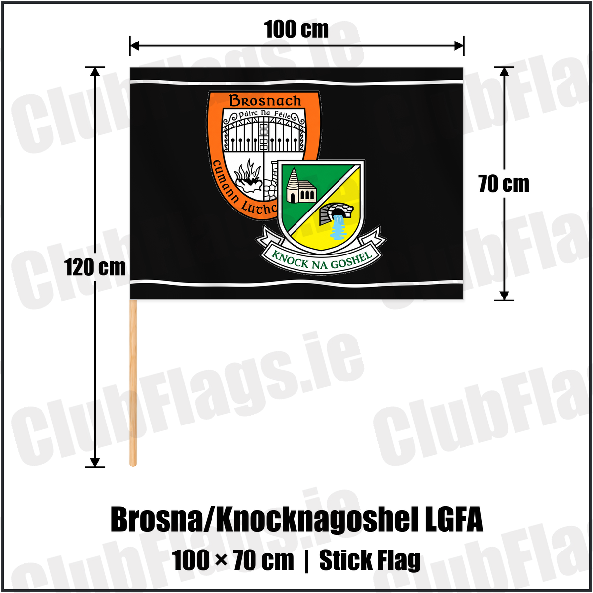 Brosna/Knocknagoshel LGFA 70cm x 100cm Stick Flag with the club crest and colours, Kerry GAA - ClubFlags.ie