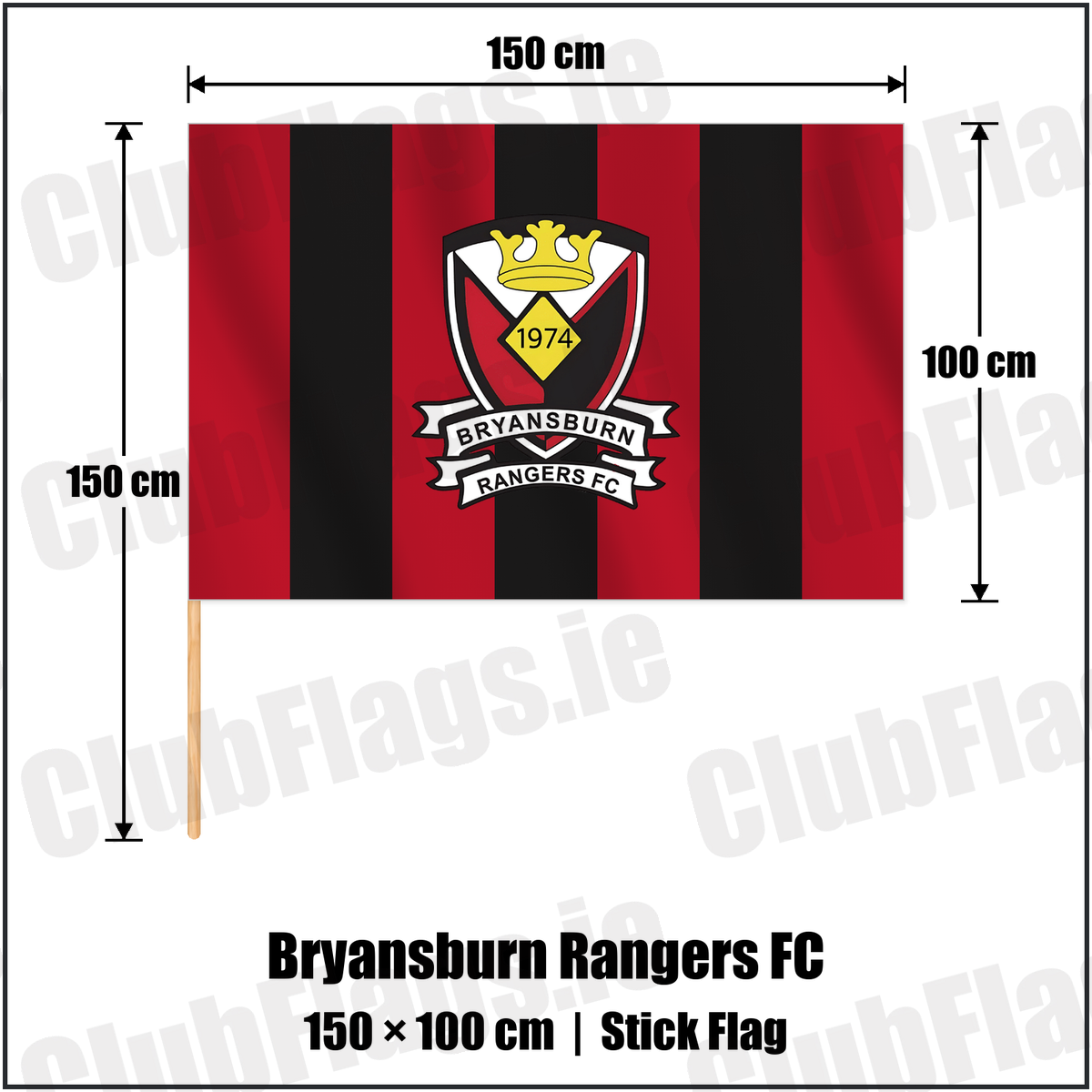 Bryansburn Rangers FC 100cm x 150cm Stick Flag with the club crest and colours, Down Football - ClubFlags.ie