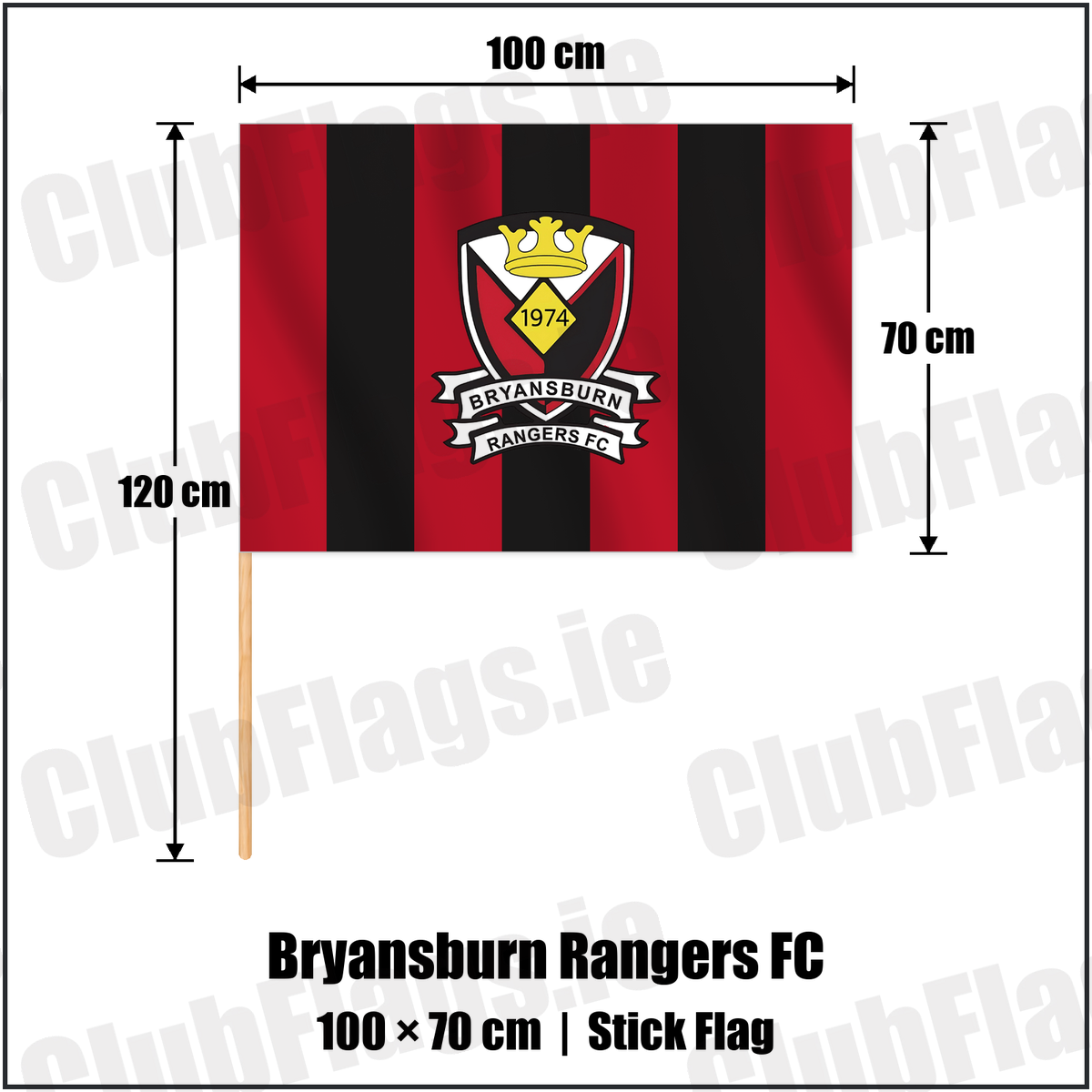Bryansburn Rangers FC 70cm x 100cm Stick Flag with the club crest and colours, Down Football - ClubFlags.ie