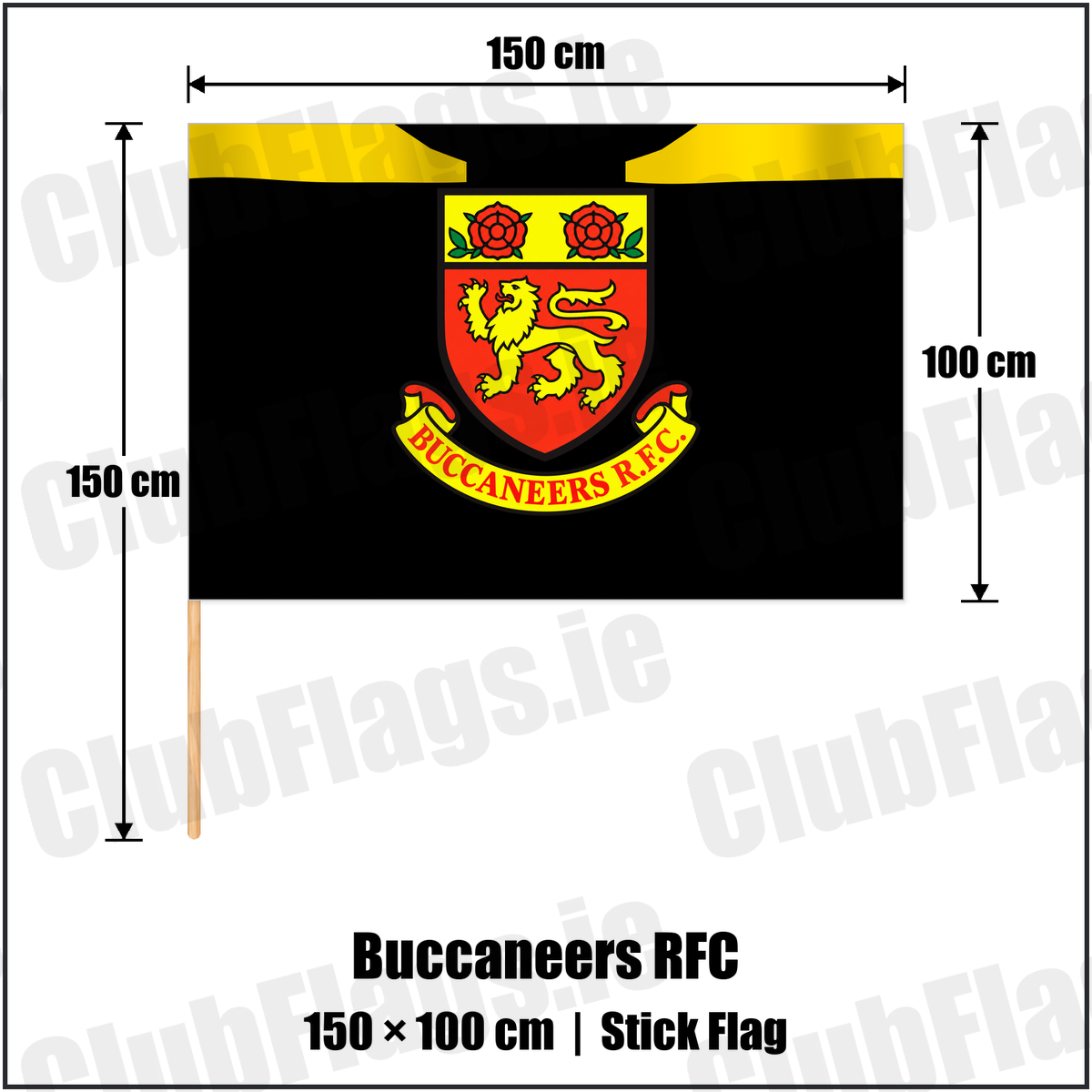 Buccaneers RFC 100cm x 150cm Stick Flag with the club crest and colours, Westmeath Rugby - ClubFlags.ie