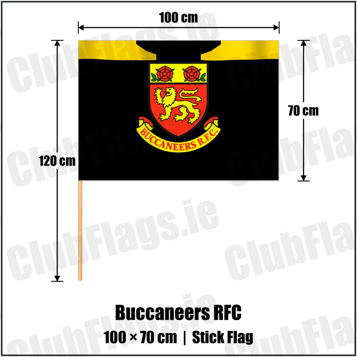 Buccaneers RFC 70cm x 100cm Stick Flag with the club crest and colours, Westmeath Rugby - ClubFlags.ie