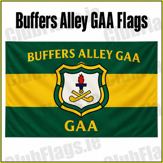 Buffers Alley GAA club flags in green and gold with club crest