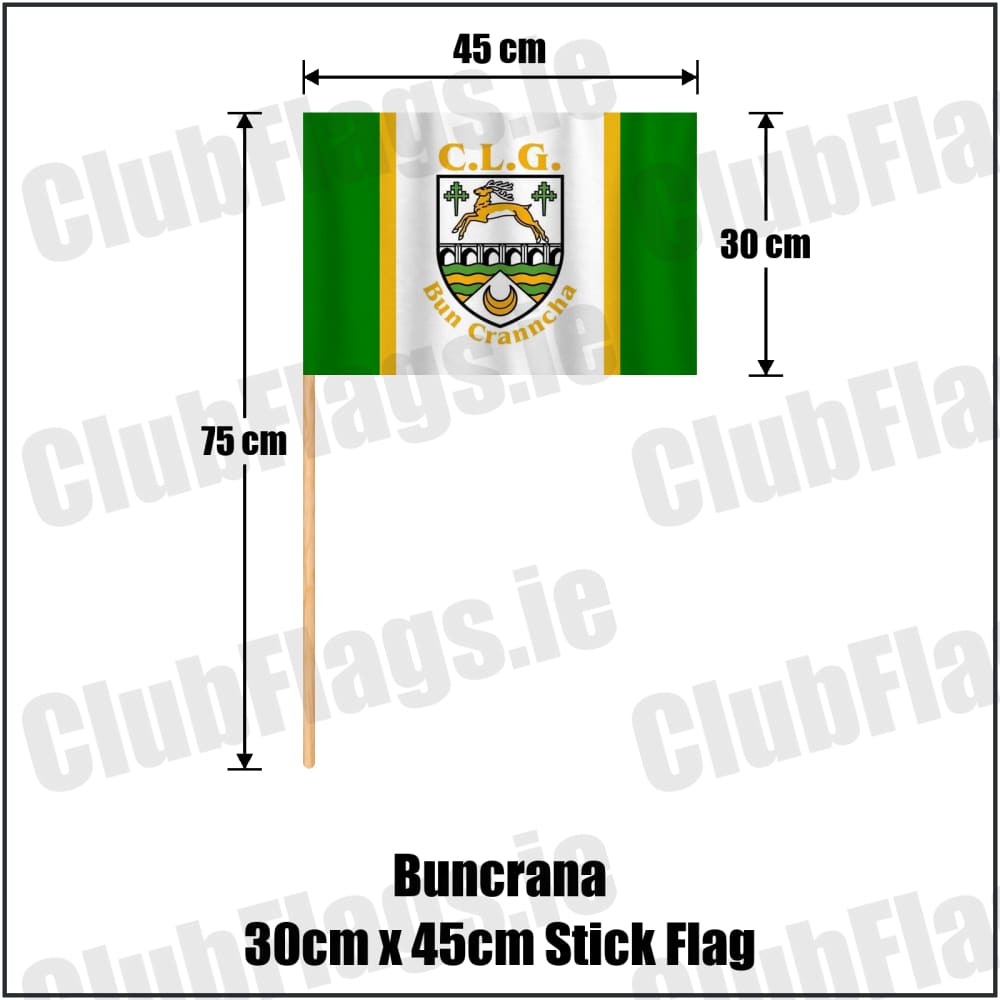 Buncrana 30cm x 45cm Stick Flag in green and white and gold, featuring the club crest on realistic fabric with gentle vertical folds; County Donegal GAA. ClubFlags.ie.