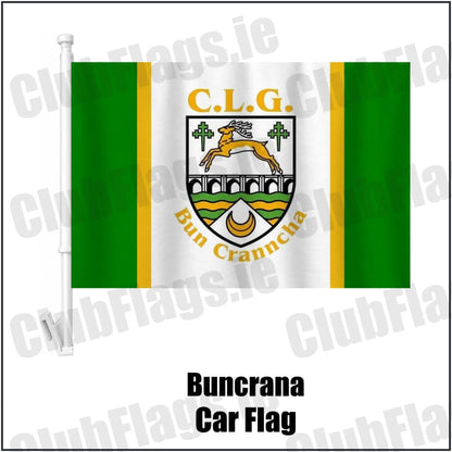 Buncrana Car Flag in green and white and gold, featuring the club crest on realistic fabric with gentle vertical folds; County Donegal GAA. ClubFlags.ie.