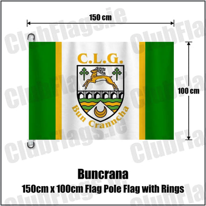 Buncrana 150cm x 100cm Flag Pole Flag with Rings in green and white and gold, featuring the club crest on realistic fabric with gentle vertical folds; County Donegal GAA. ClubFlags.ie.