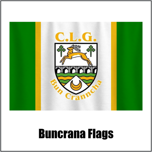 Buncrana Flags, featuring the club crest and green and white and gold colours; County Donegal GAA. ClubFlags.ie.