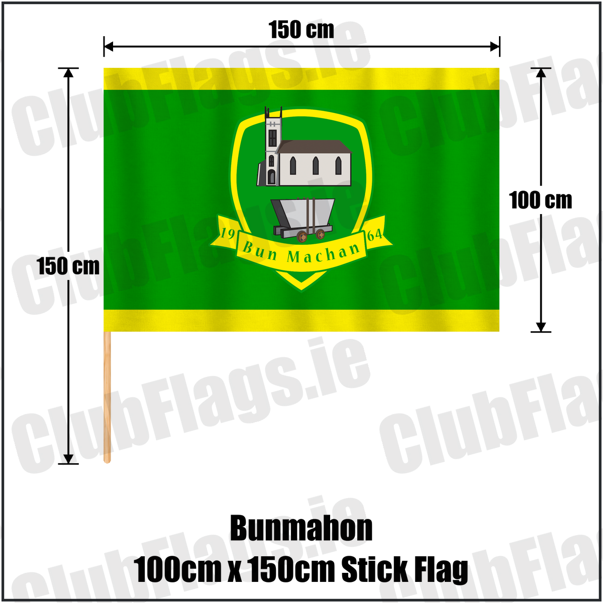 Bunmahon 100cm x 150cm Stick Flag, featuring the club crest and green and yellow colours; County Waterford GAA. ClubFlags.ie.
