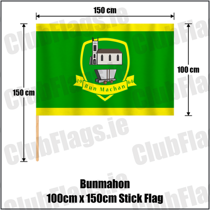 Bunmahon 100cm x 150cm Stick Flag, featuring the club crest and green and yellow colours; County Waterford GAA. ClubFlags.ie.