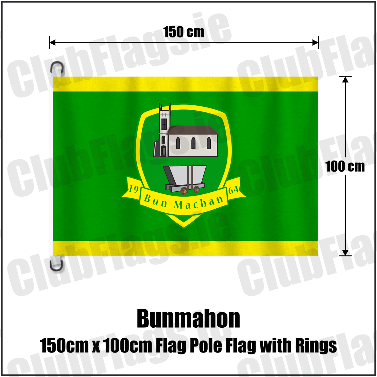 Bunmahon 150cm x 100cm Flag Pole Flag with Rings, featuring the club crest and green and yellow colours; County Waterford GAA. ClubFlags.ie.