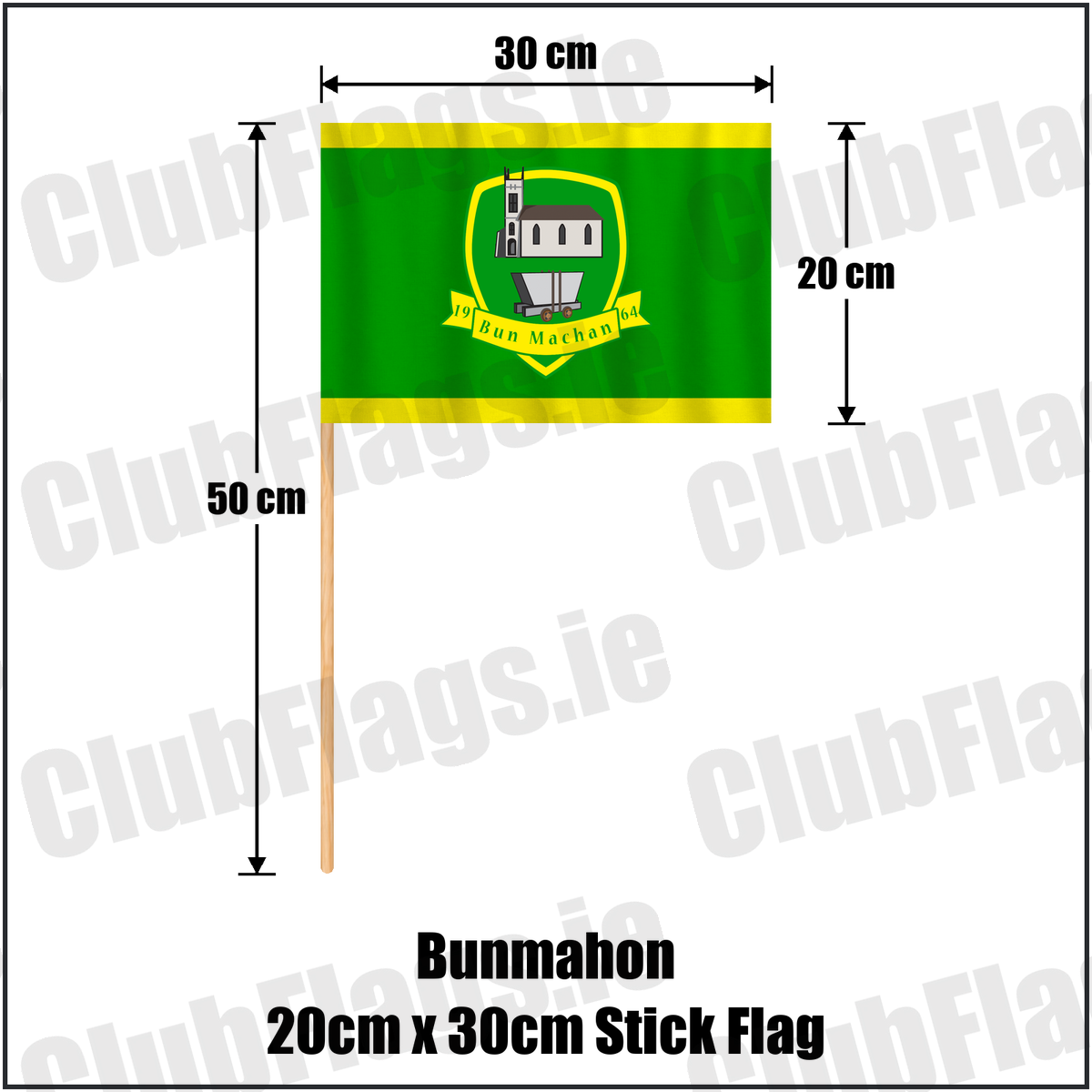Bunmahon 20cm x 30cm Stick Flag, featuring the club crest and green and yellow colours; County Waterford GAA. ClubFlags.ie.