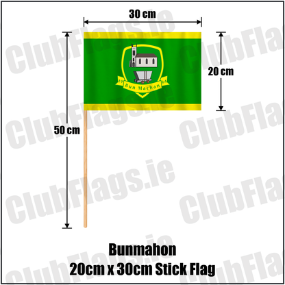 Bunmahon 20cm x 30cm Stick Flag, featuring the club crest and green and yellow colours; County Waterford GAA. ClubFlags.ie.