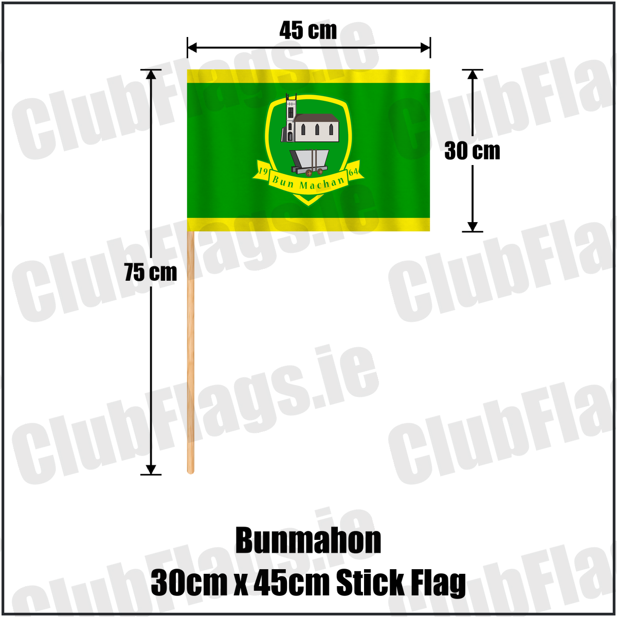 Bunmahon 30cm x 45cm Stick Flag, featuring the club crest and green and yellow colours; County Waterford GAA. ClubFlags.ie.