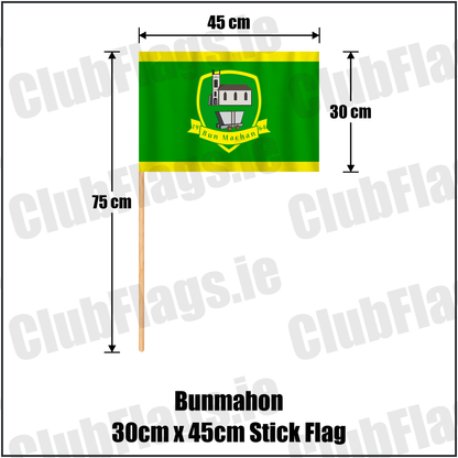 Bunmahon 30cm x 45cm Stick Flag, featuring the club crest and green and yellow colours; County Waterford GAA. ClubFlags.ie.
