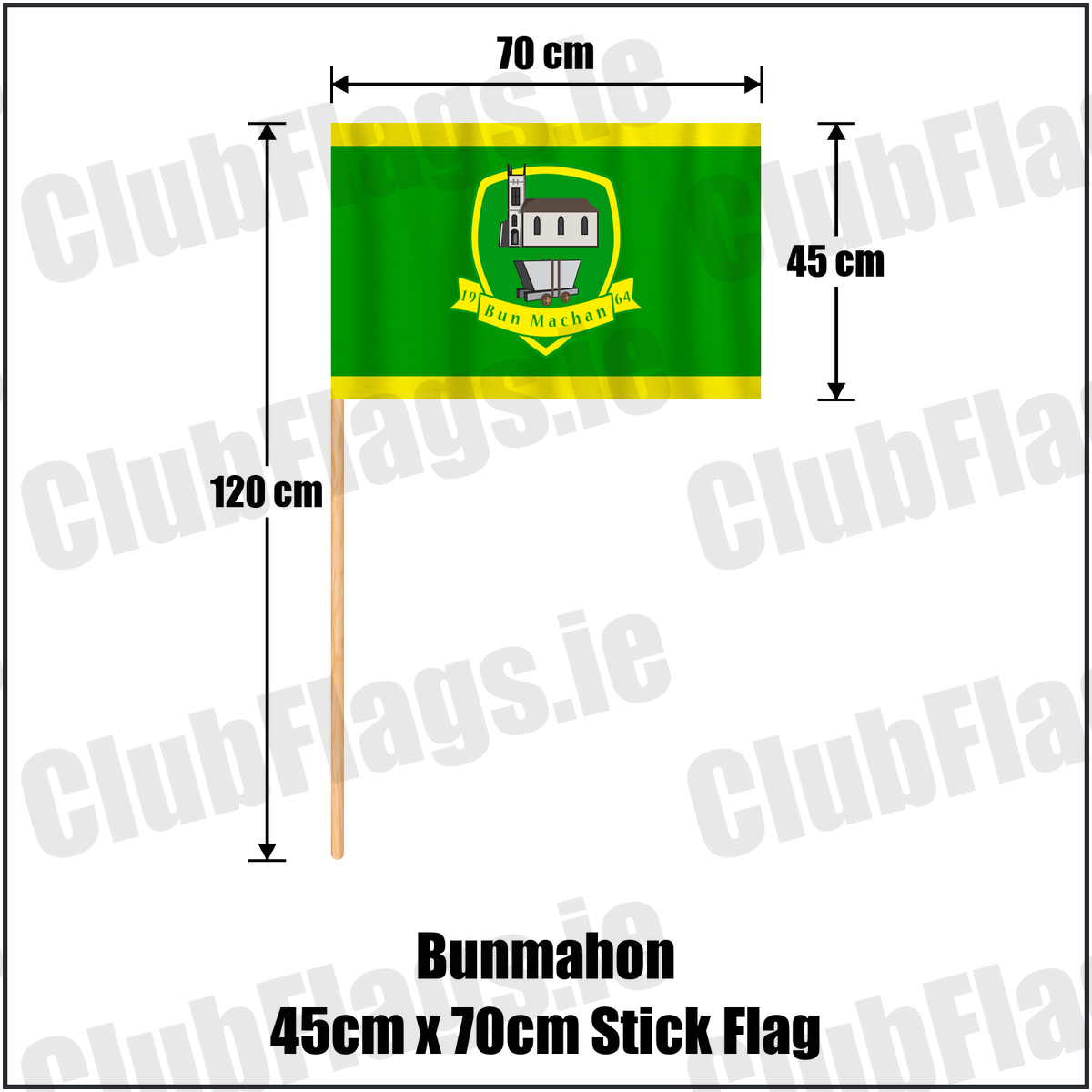 Bunmahon 45cm x 70cm Stick Flag, featuring the club crest and green and yellow colours; County Waterford GAA. ClubFlags.ie.