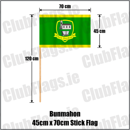Bunmahon 45cm x 70cm Stick Flag, featuring the club crest and green and yellow colours; County Waterford GAA. ClubFlags.ie.