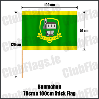 Bunmahon 70cm x 100cm Stick Flag, featuring the club crest and green and yellow colours; County Waterford GAA. ClubFlags.ie.