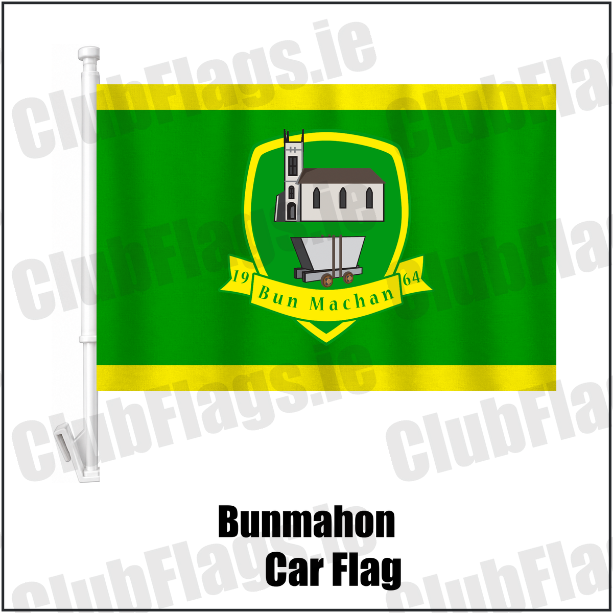 Bunmahon Car Flag, featuring the club crest and green and yellow colours; County Waterford GAA. ClubFlags.ie.