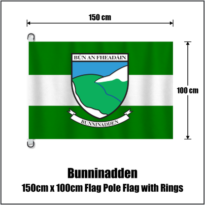 Bunninadden 150cm x 100cm Flag Pole Flag with Rings, featuring the club crest and green and white colours; County Sligo GAA. ClubFlags.ie.