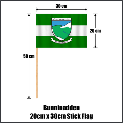 Bunninadden 20cm x 30cm Stick Flag, featuring the club crest and green and white colours; County Sligo GAA. ClubFlags.ie.