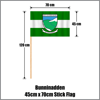 Bunninadden 45cm x 70cm Stick Flag, featuring the club crest and green and white colours; County Sligo GAA. ClubFlags.ie.