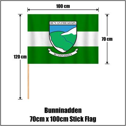 Bunninadden 70cm x 100cm Stick Flag, featuring the club crest and green and white colours; County Sligo GAA. ClubFlags.ie.