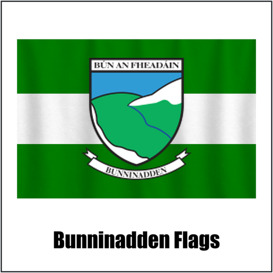 Bunninadden Flags, featuring the club crest and green and white colours; County Sligo GAA. ClubFlags.ie.