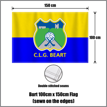 Burt 100cm x 150cm Flag (sewn on the edges), featuring the club crest and blue and primrose yellow colours; County Donegal GAA. ClubFlags.ie.