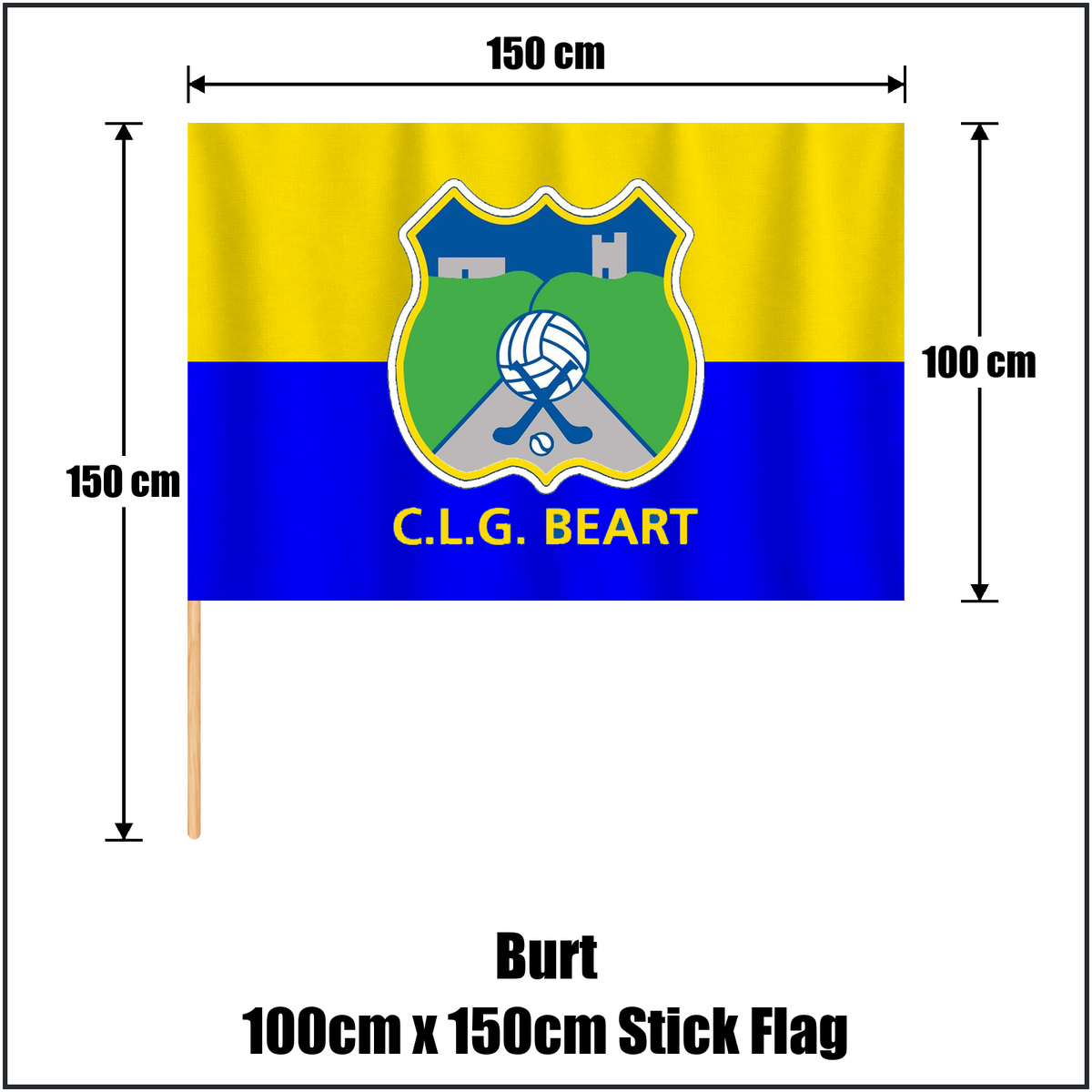Burt 100cm x 150cm Stick Flag, featuring the club crest and blue and primrose yellow colours; County Donegal GAA. ClubFlags.ie.