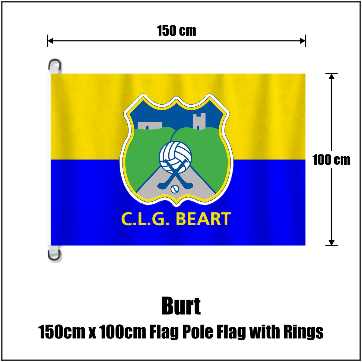 Burt 150cm x 100cm Flag Pole Flag with Rings, featuring the club crest and blue and primrose yellow colours; County Donegal GAA. ClubFlags.ie.