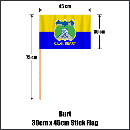 Burt 30cm x 45cm Stick Flag, featuring the club crest and blue and primrose yellow colours; County Donegal GAA. ClubFlags.ie.